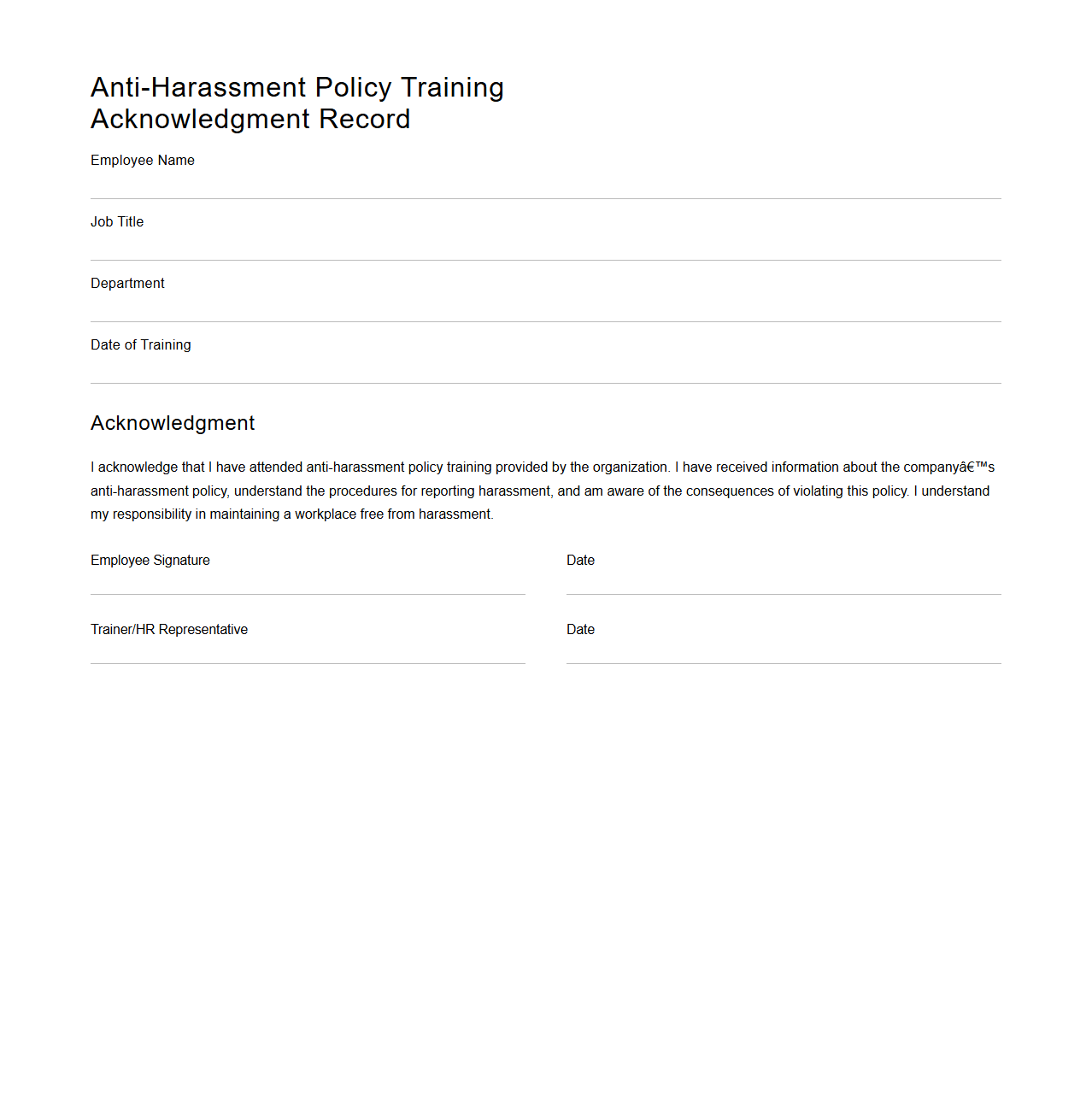 Anti-Harassment Policy Training Acknowledgment Record