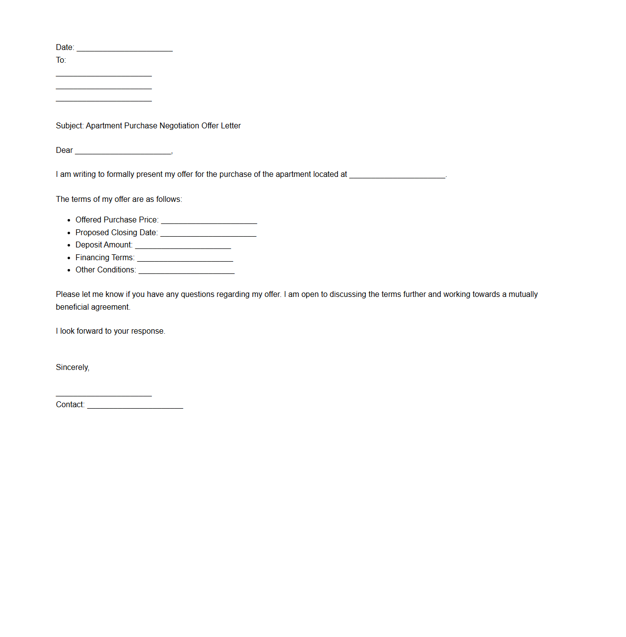 Apartment Purchase Negotiation Offer Letter