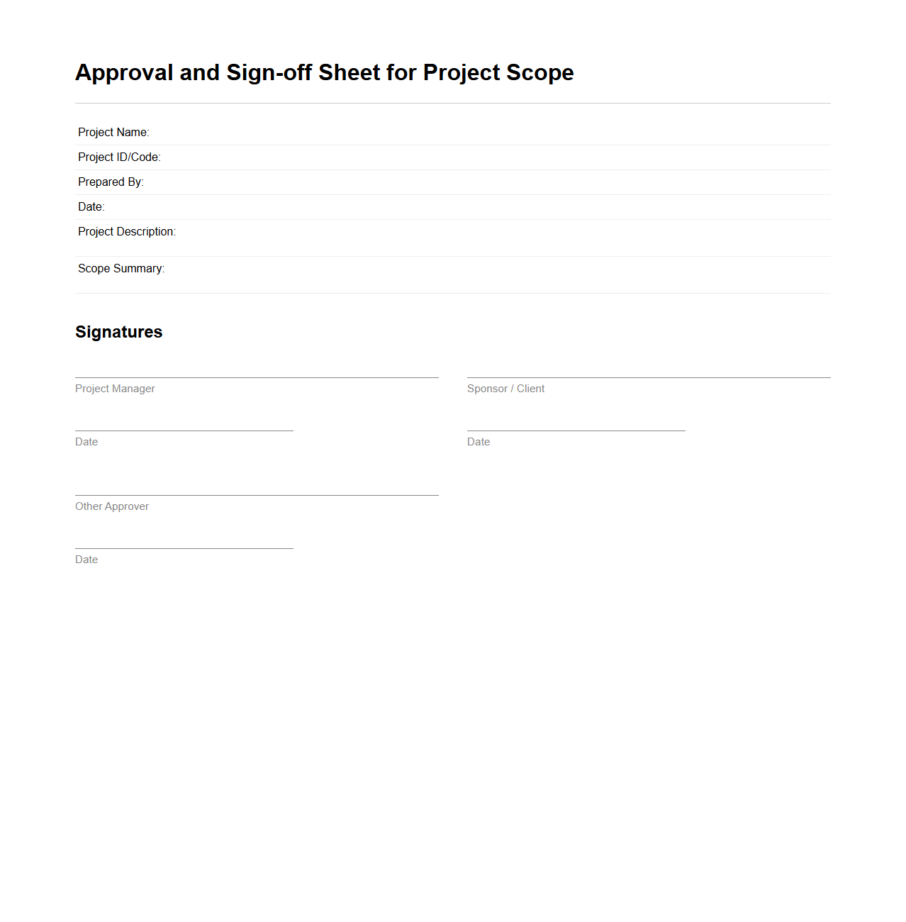 Approval and Sign-off Sheet for Project Scope