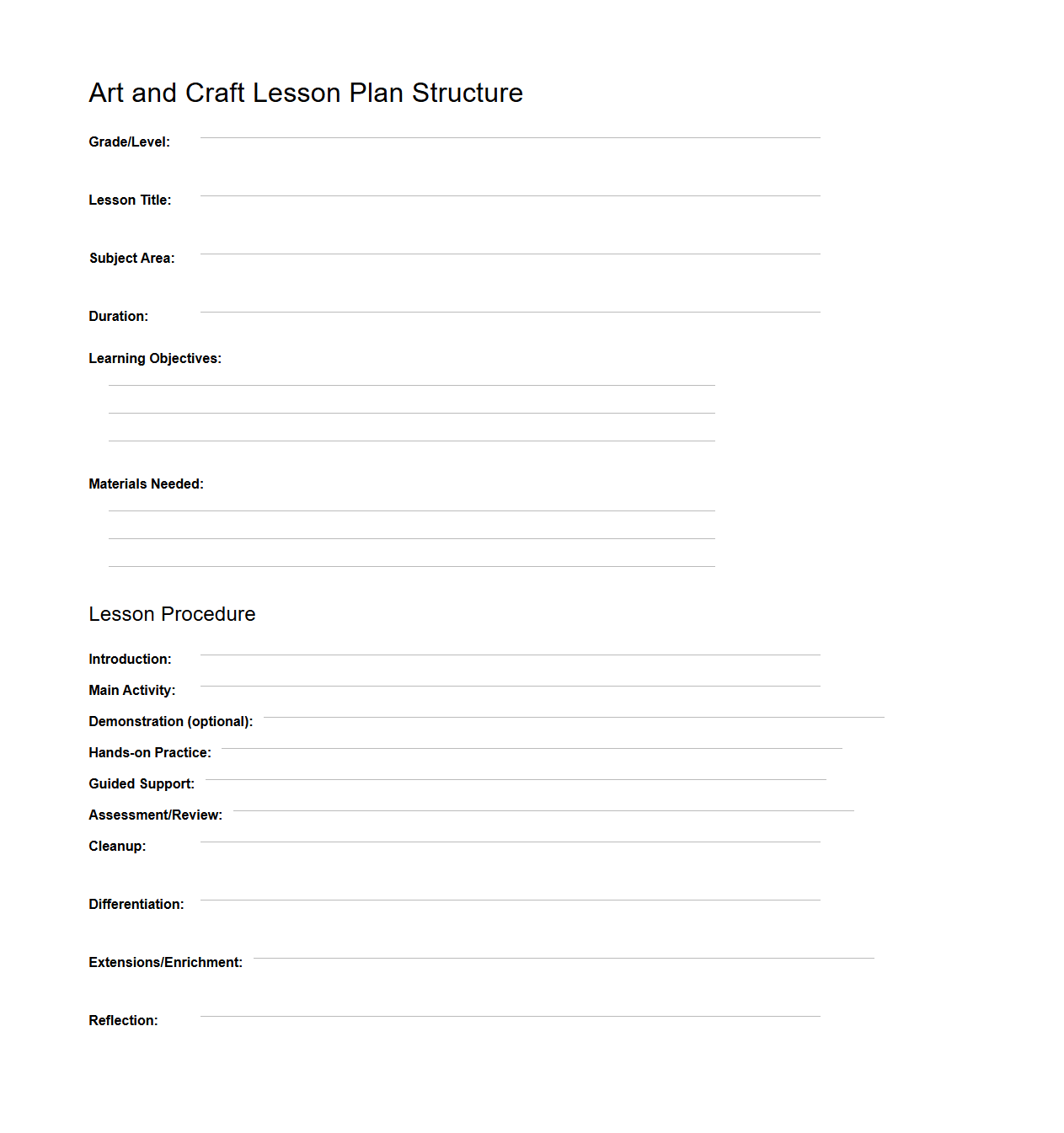 Art and Craft Lesson Plan Structure for Primary Education