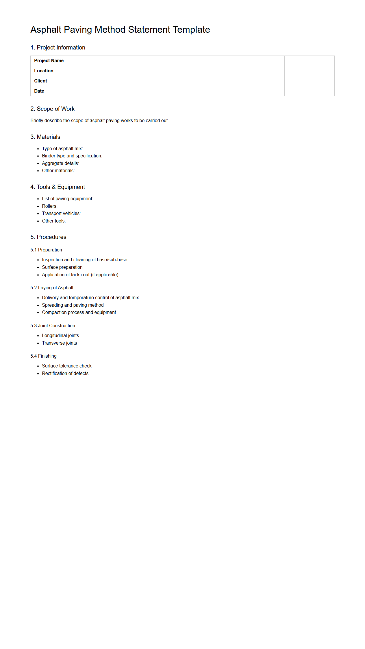 Asphalt Paving Method Statement Template