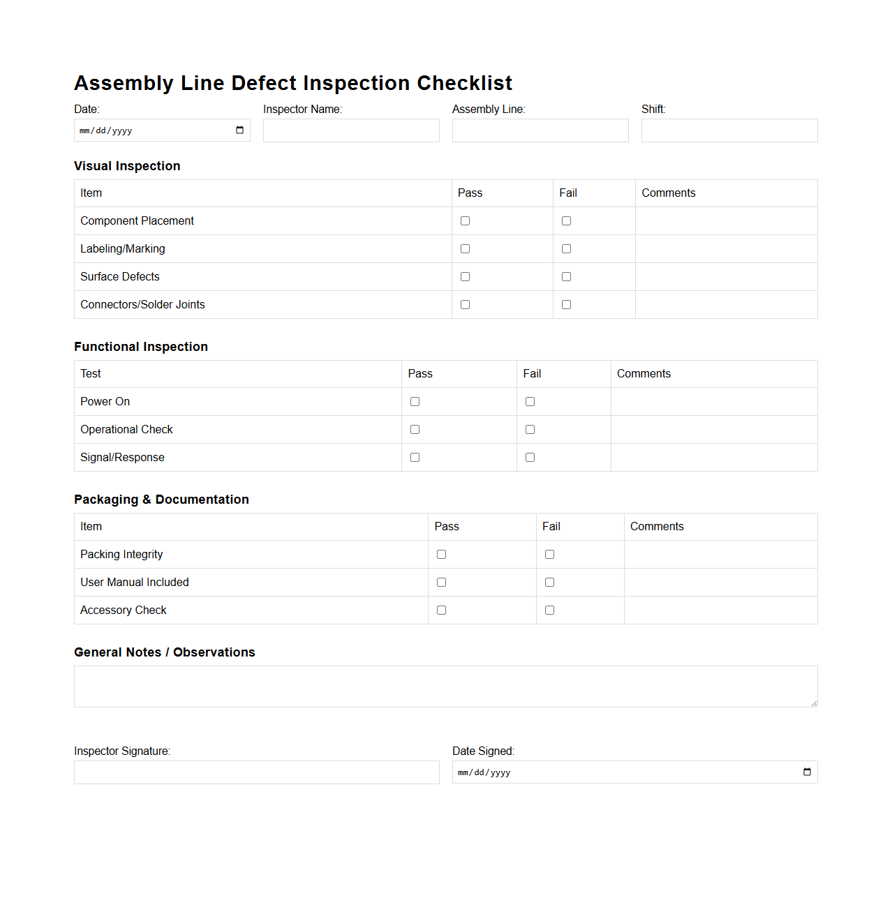 Assembly Line Defect Inspection Checklist