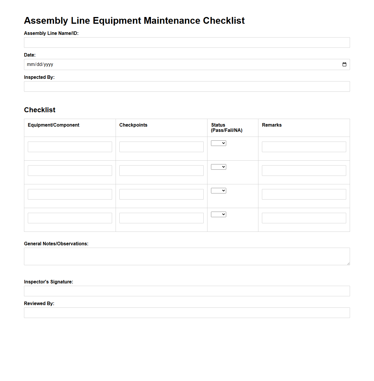 Assembly Line Equipment Maintenance Checklist Format