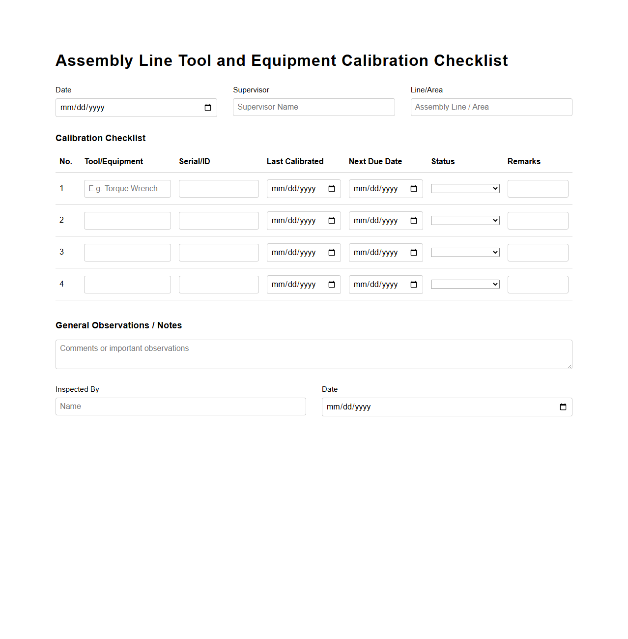 Assembly Line Tool and Equipment Calibration Checklist