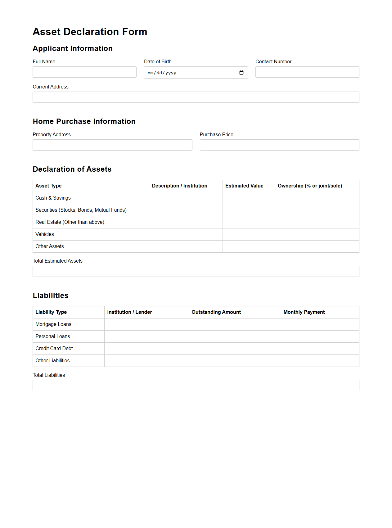 Asset Declaration Form Sample for Home Purchase