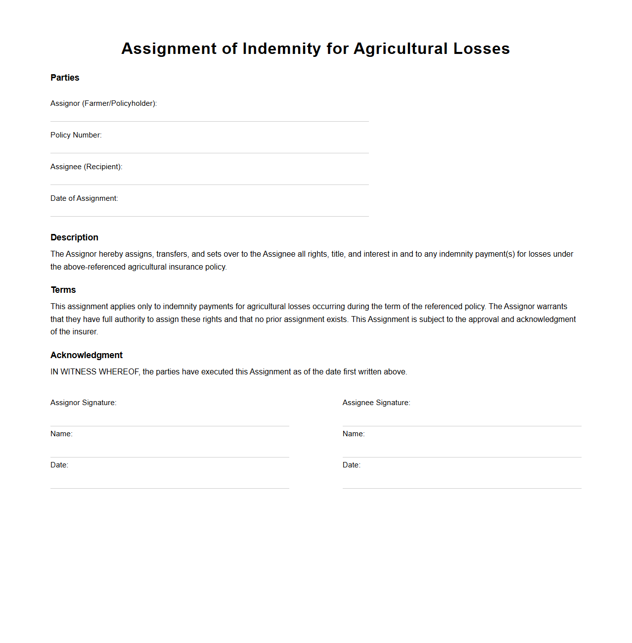 Assignment of Indemnity for Agricultural Losses