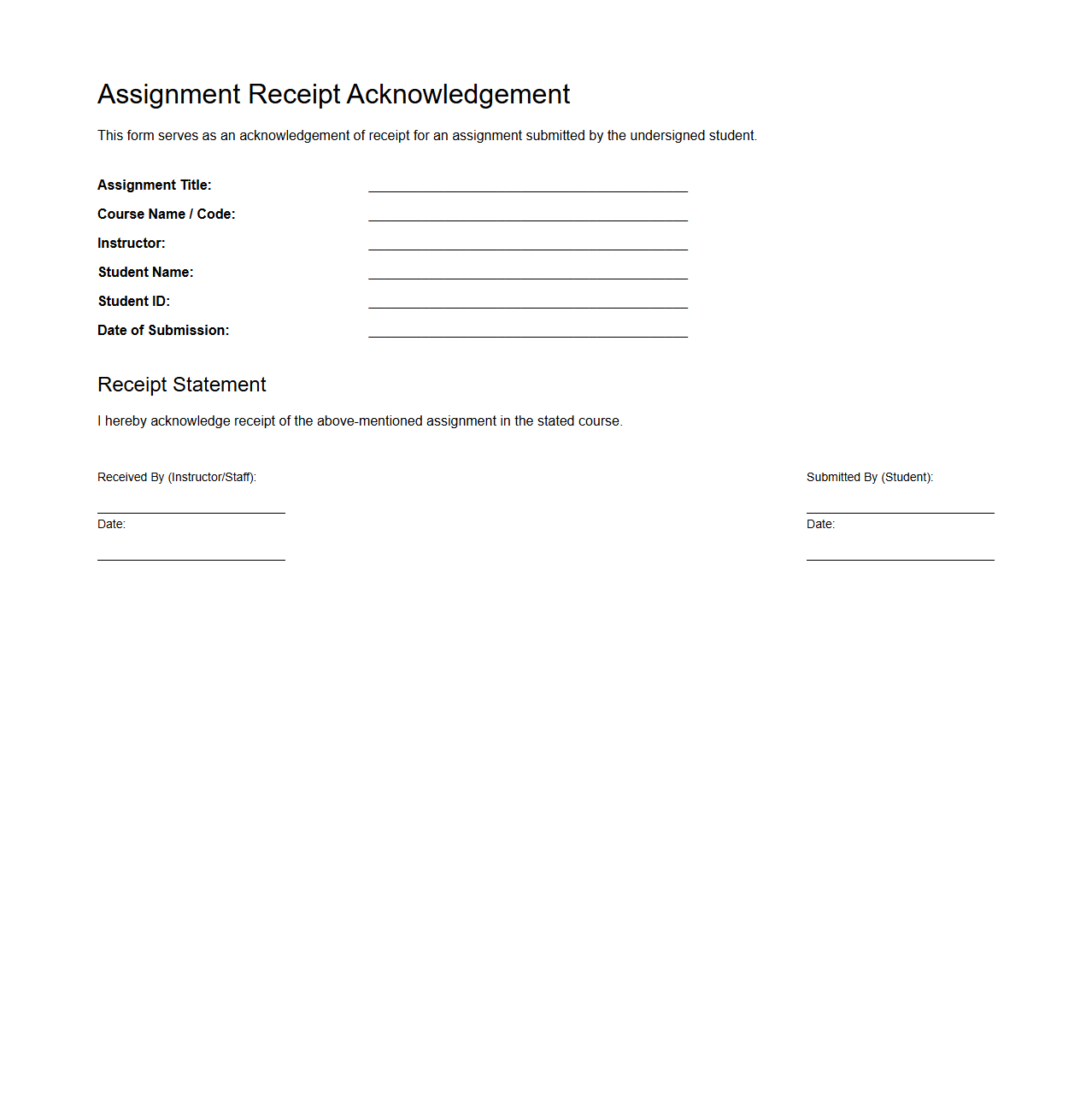 Assignment Receipt Acknowledgement Sample