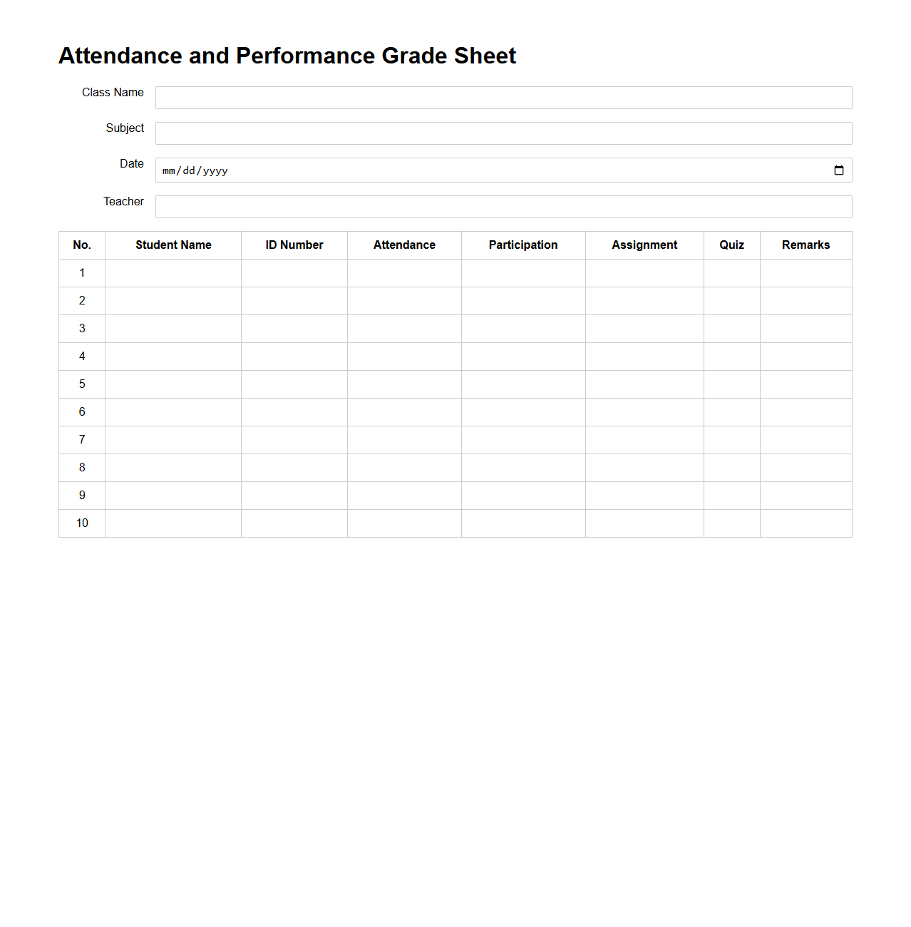 Attendance and Performance Grade Sheet for Class Managers