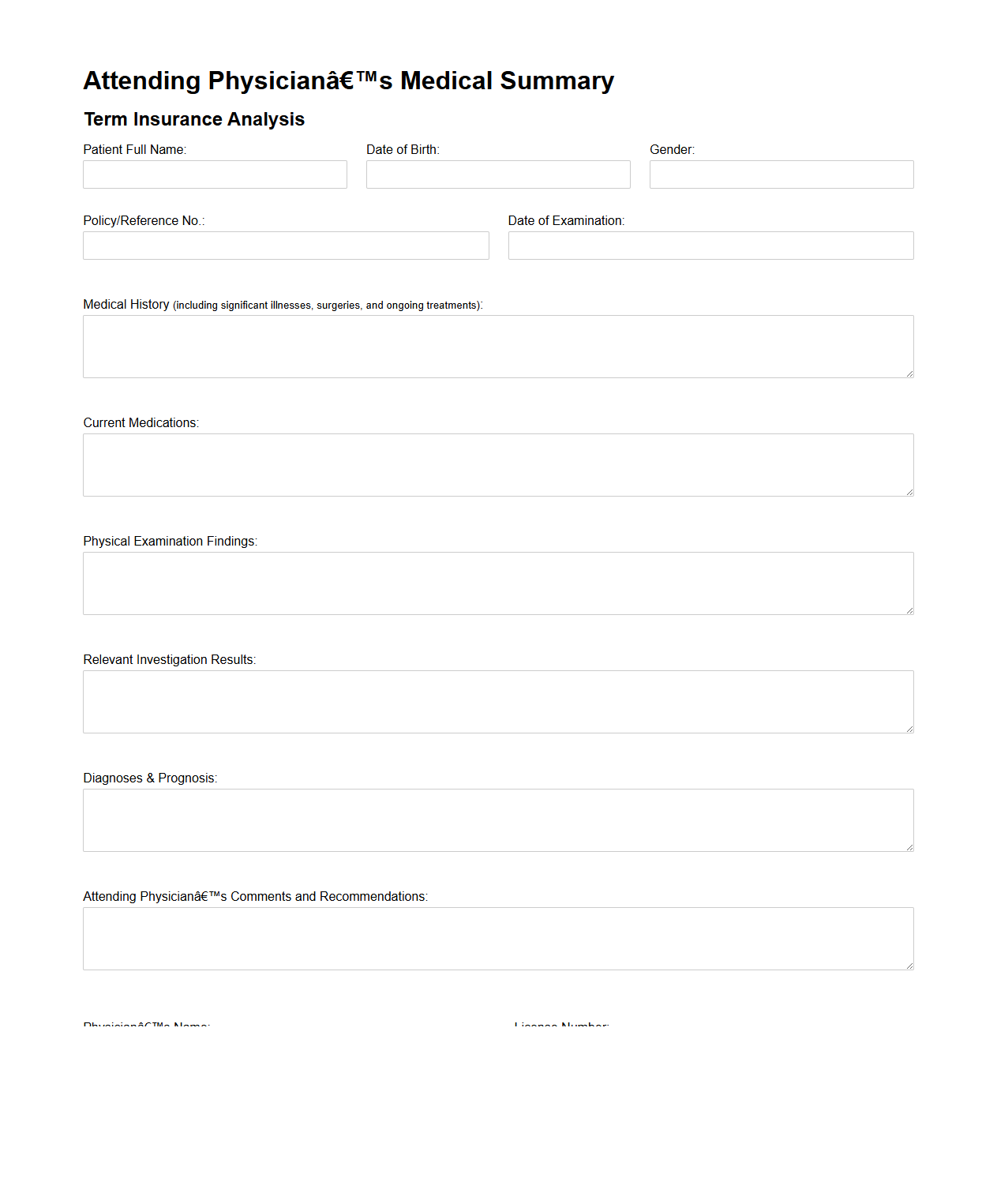 Attending Physician’s Medical Summary for Term Insurance Analysis