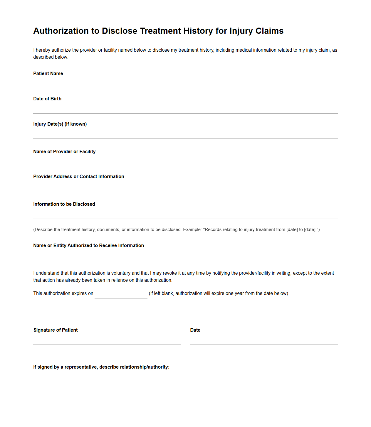 Authorization to Disclose Treatment History for Injury Claims
