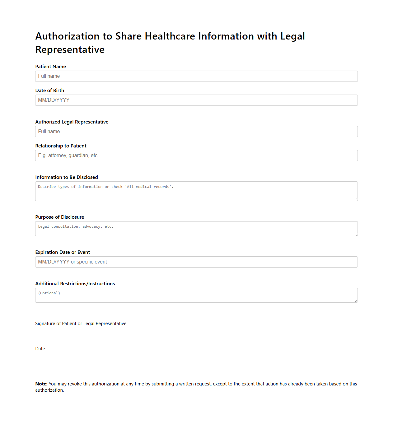 Authorization to Share Healthcare Information with Legal Representative