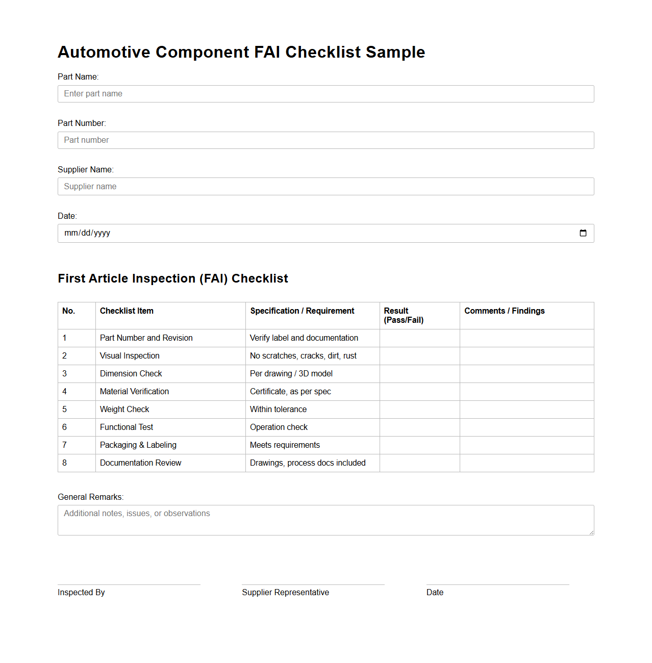 Automotive Component FAI Checklist Sample