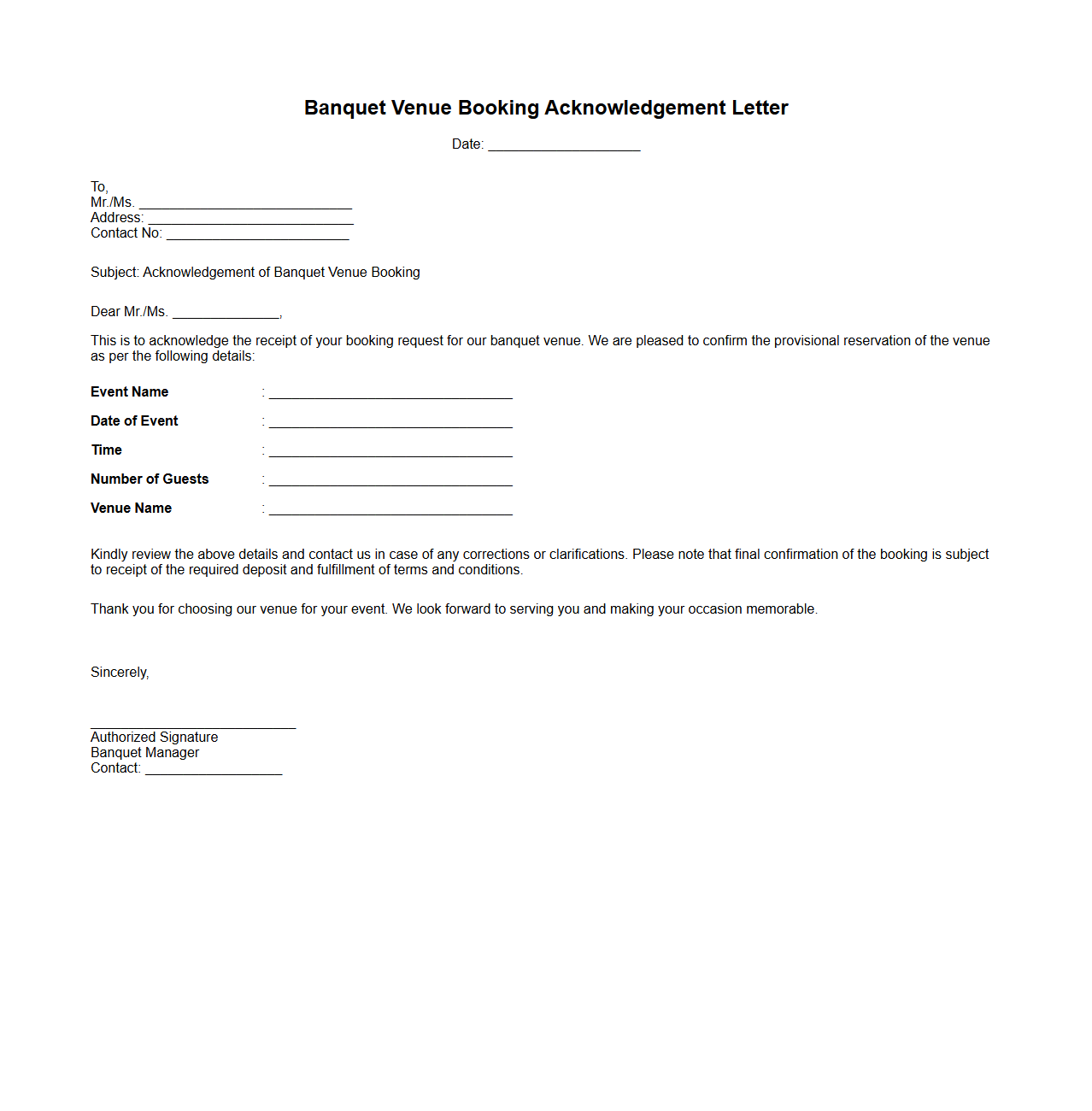 Banquet Venue Booking Acknowledgement Letter