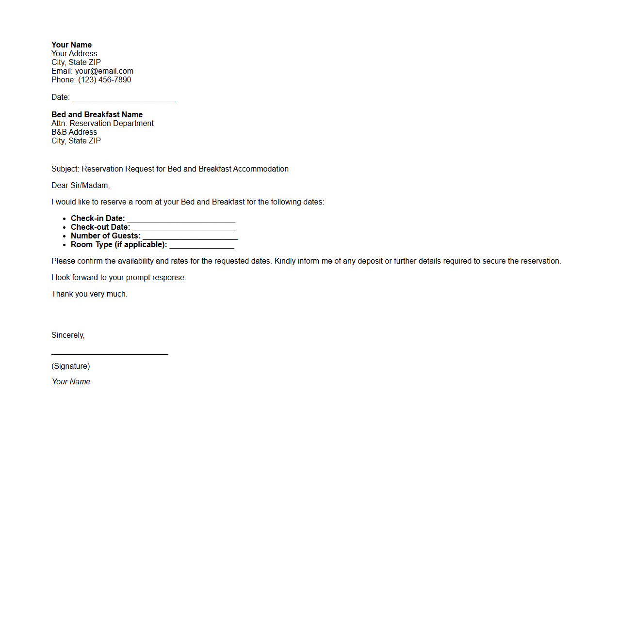 Bed and Breakfast Reservation Letter Format
