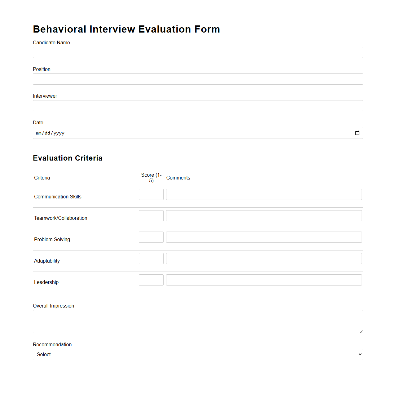 Behavioral Interview Evaluation Form