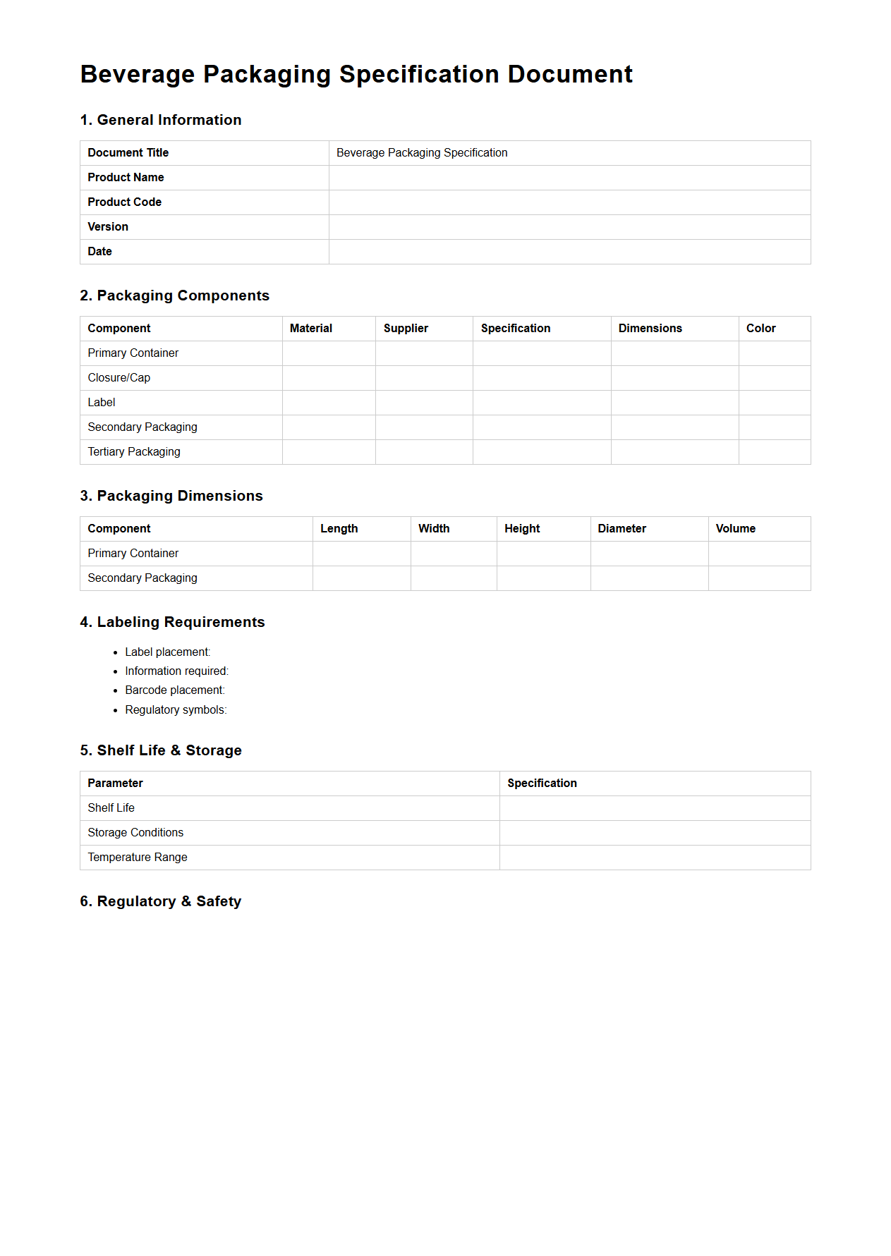 Beverage Packaging Specification Document Sample