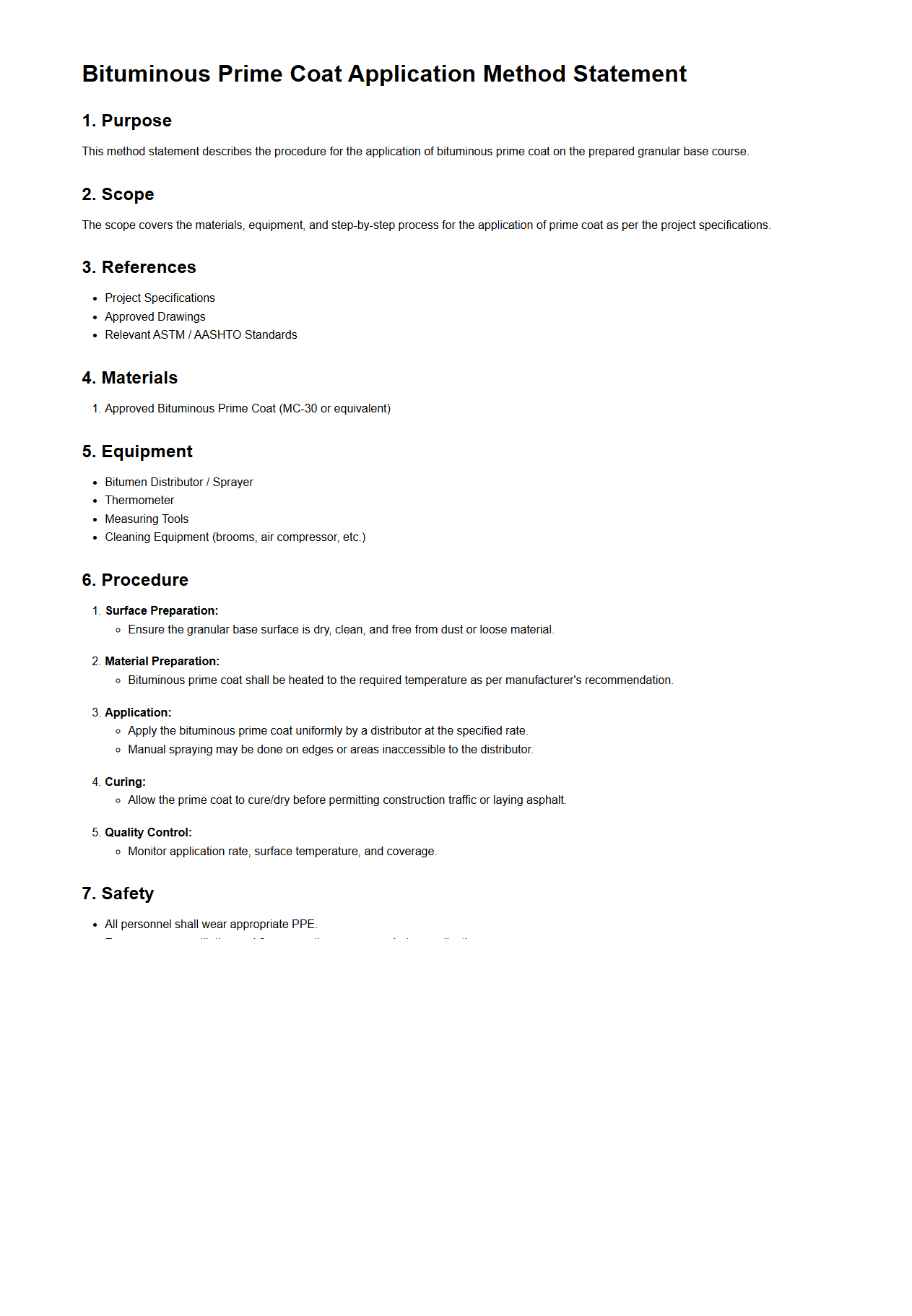 Bituminous Prime Coat Application Method Statement