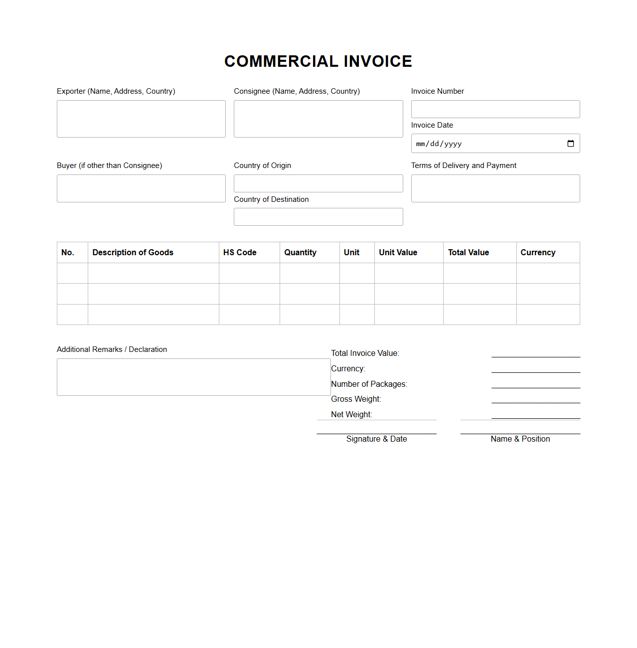 Blank Commercial Invoice for Export Transactions