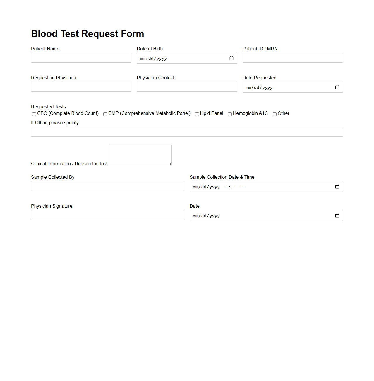 Blood Test Request Form Template