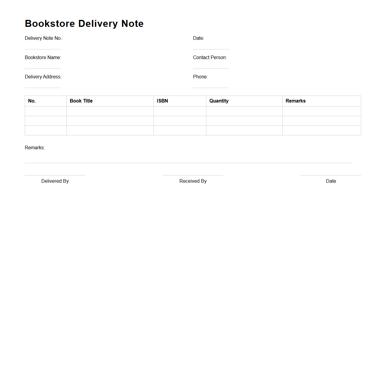 Bookstore Delivery Note Template