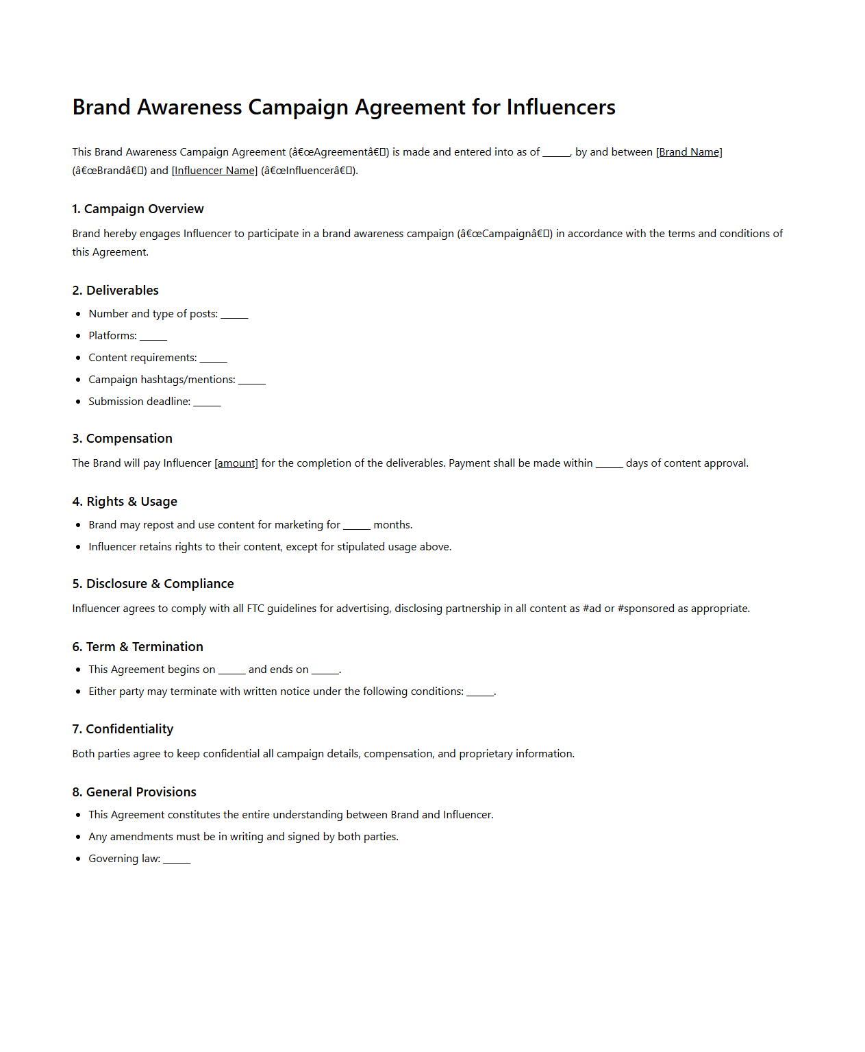 Brand Awareness Campaign Agreement for Influencers