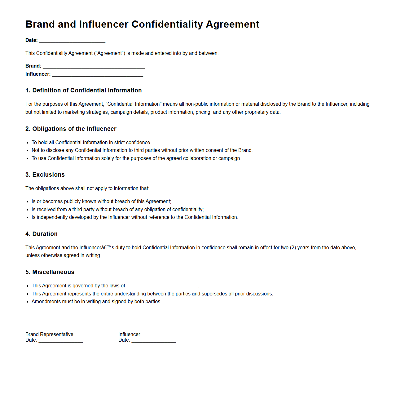 Brand and Influencer Confidentiality Agreement Example