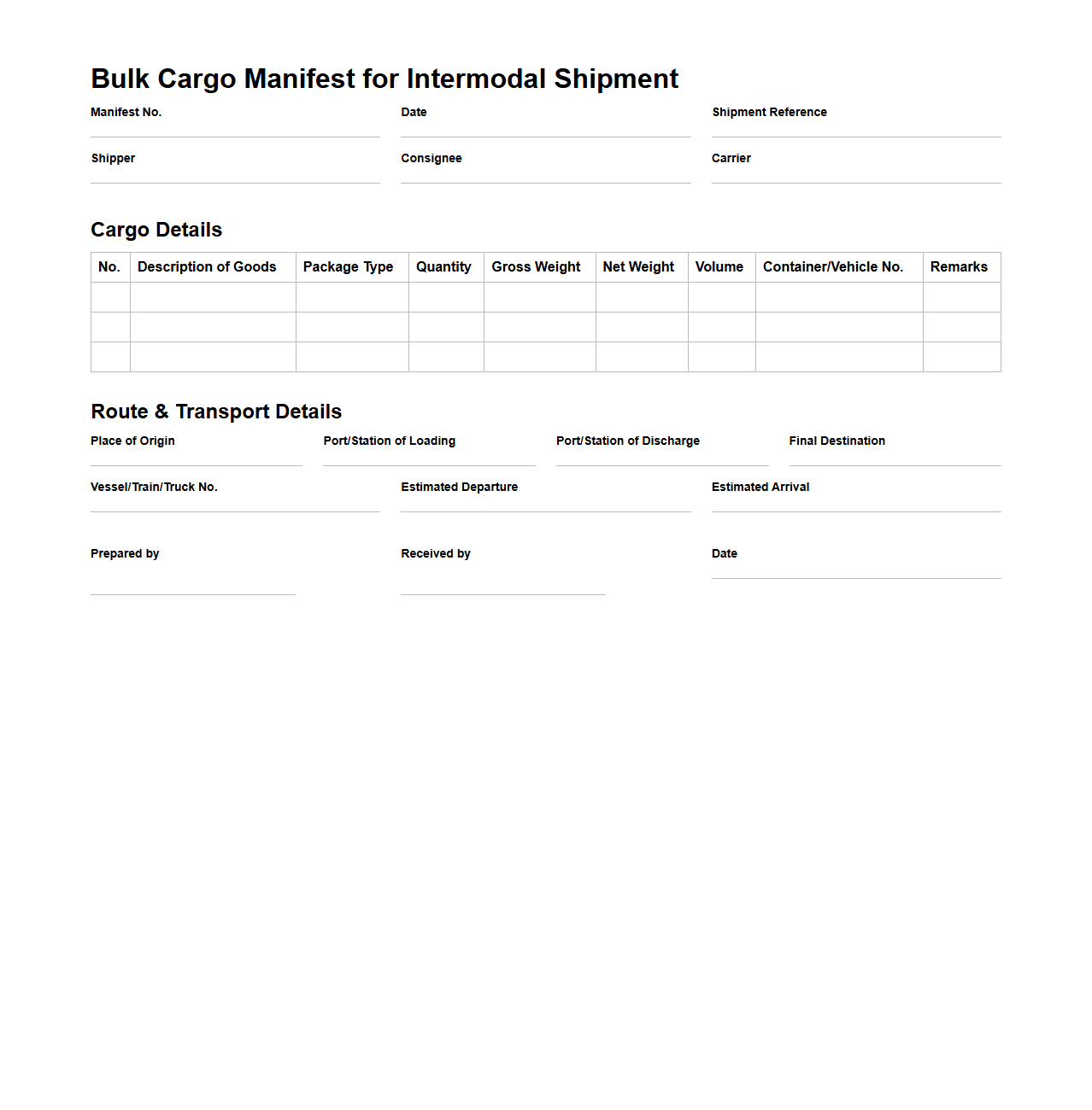Bulk Cargo Manifest for Intermodal Shipment