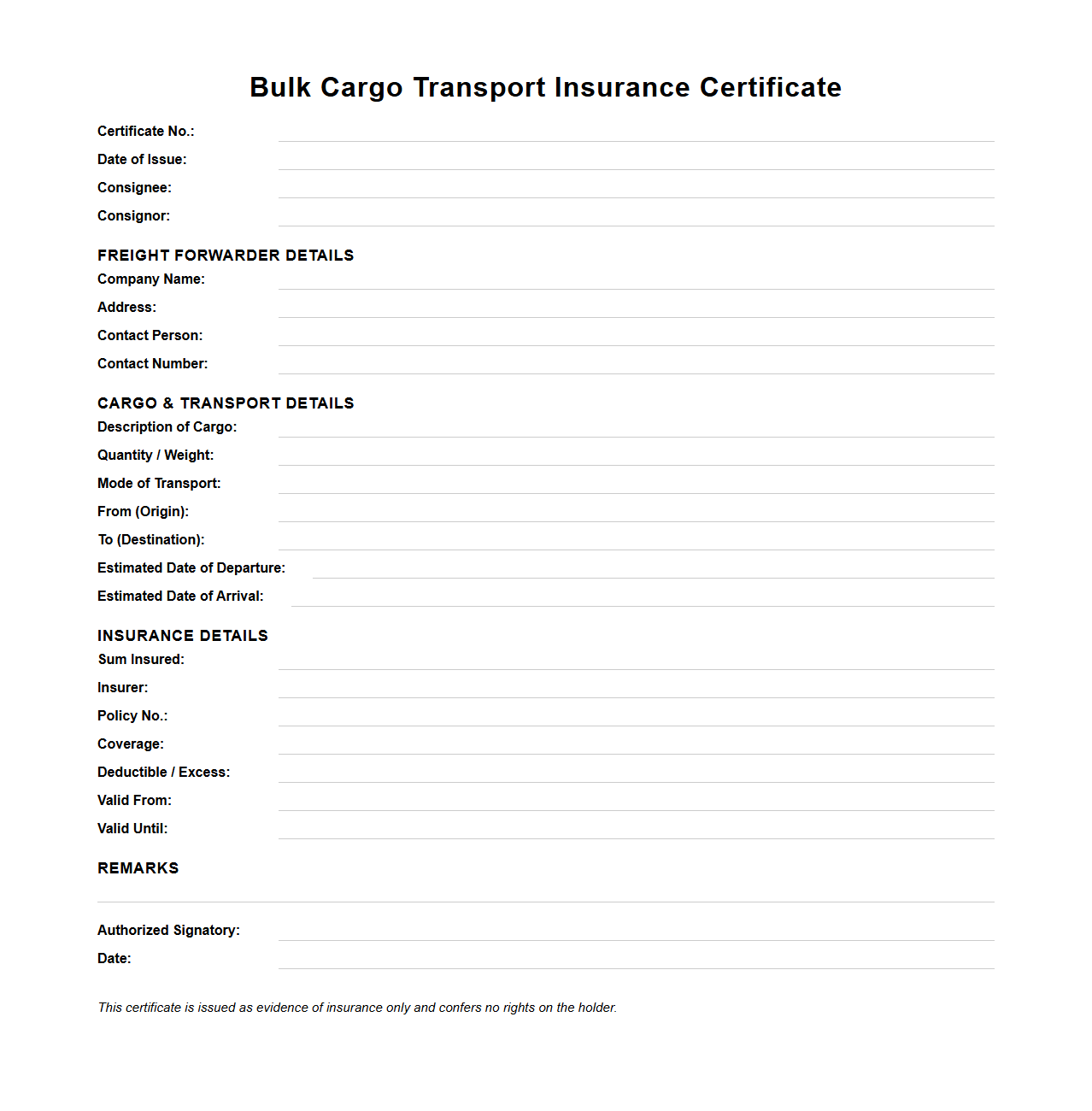 Bulk Cargo Transport Insurance Certificate Template for Freight Forwarders