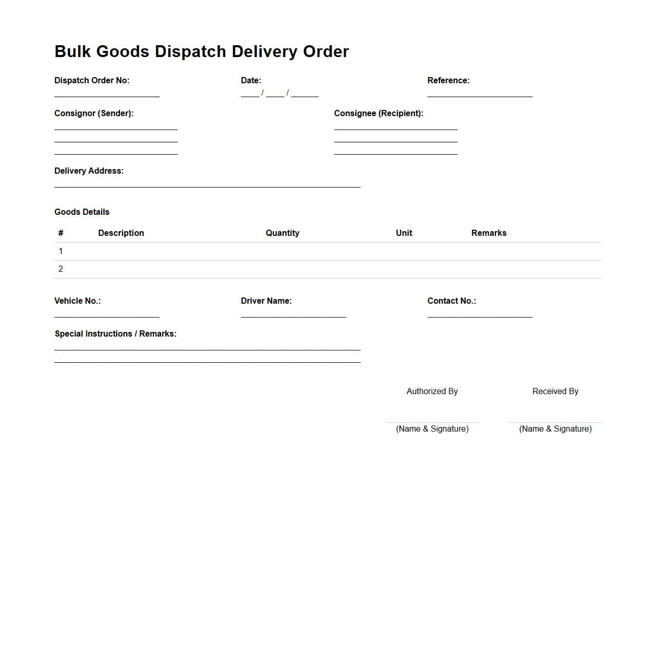 Bulk Goods Dispatch Delivery Order Sample