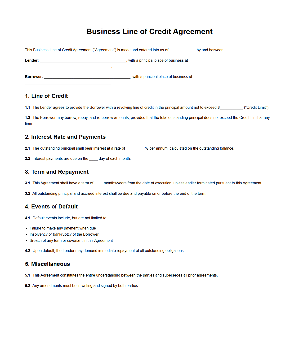 Business Line of Credit Agreement Template