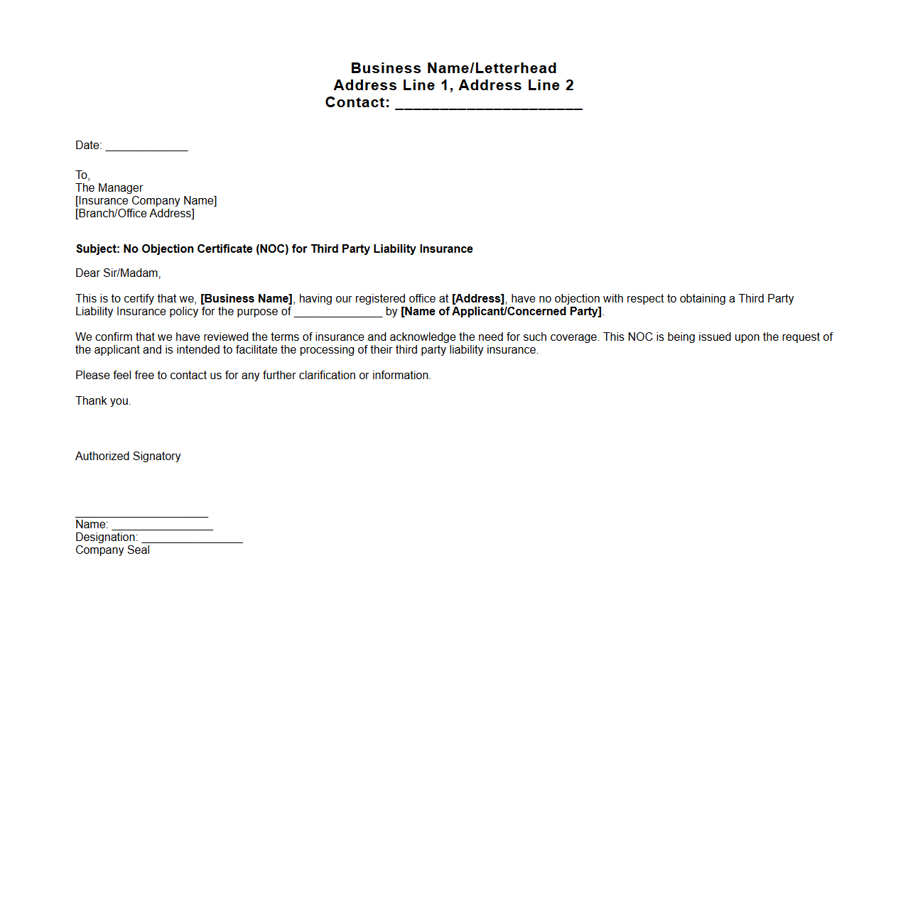 Business NOC Format for Third Party Liability Insurance