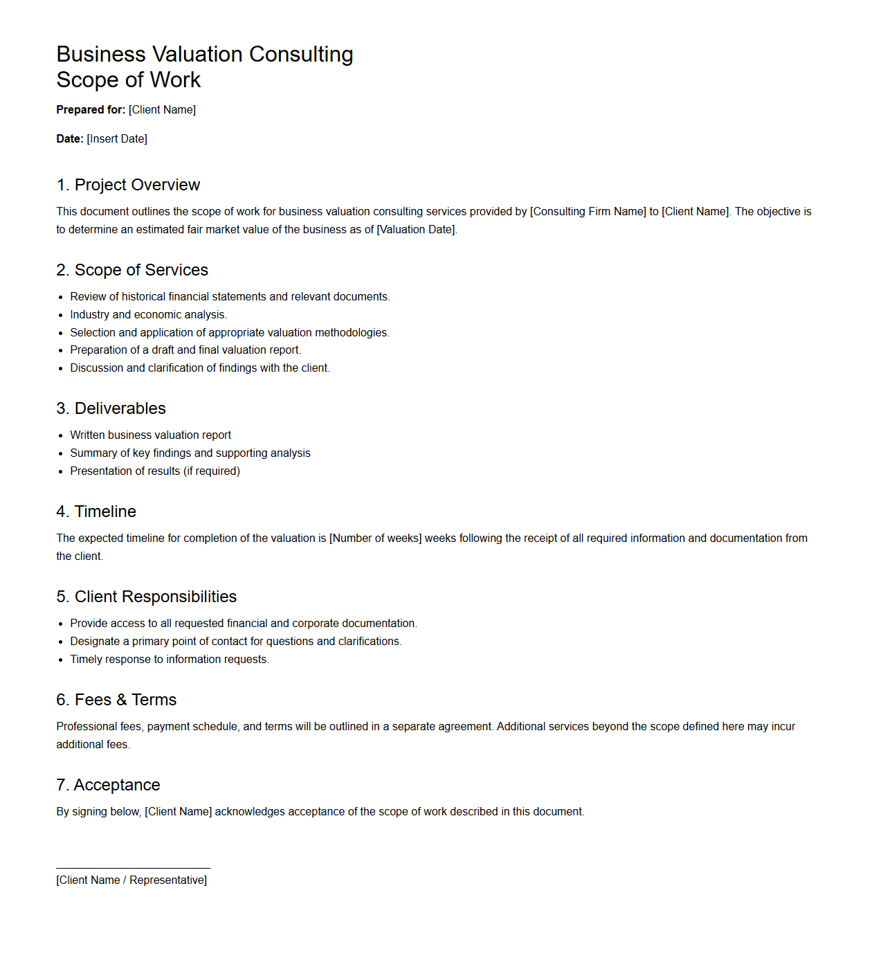 Business Valuation Consulting Scope of Work Document