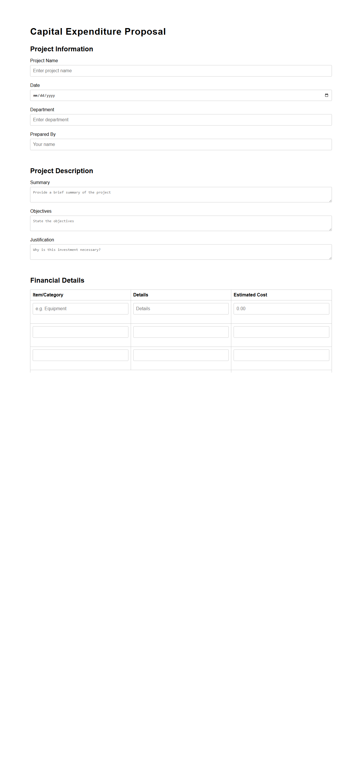 Capital Expenditure Proposal Template for Corporate Investments