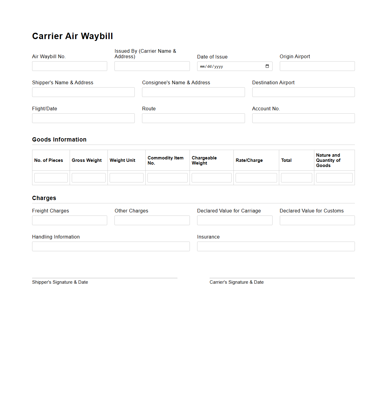 Carrier Air Waybill Form