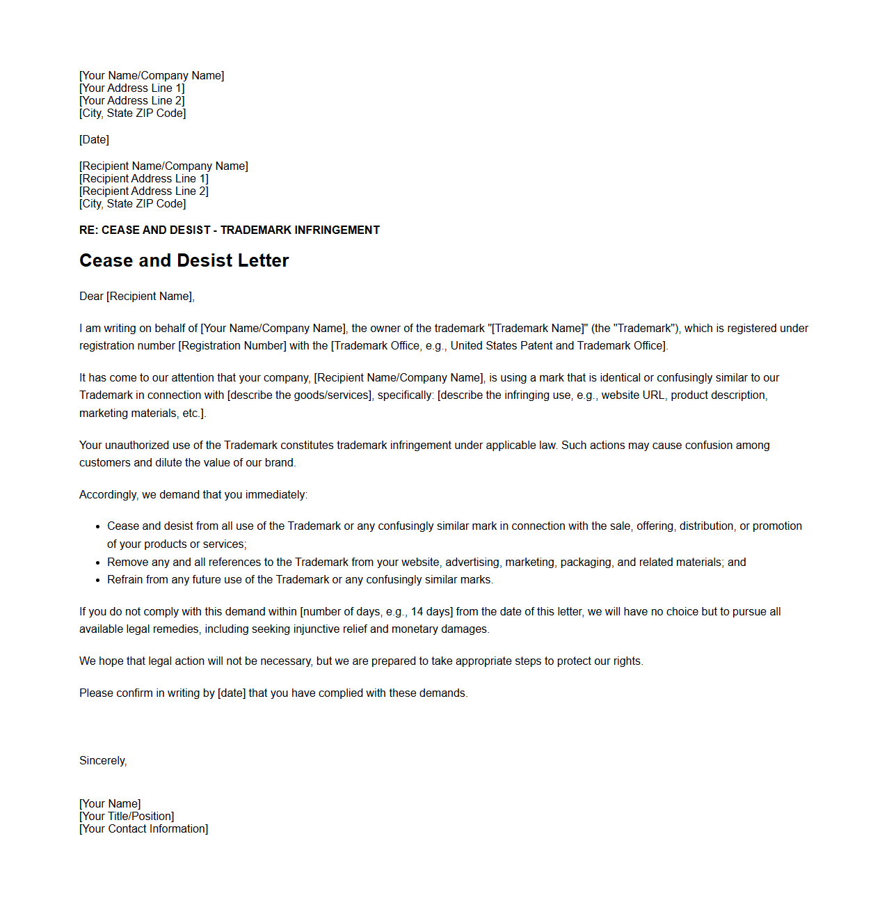 Cease and Desist Letter Template for Trademark Infringement
