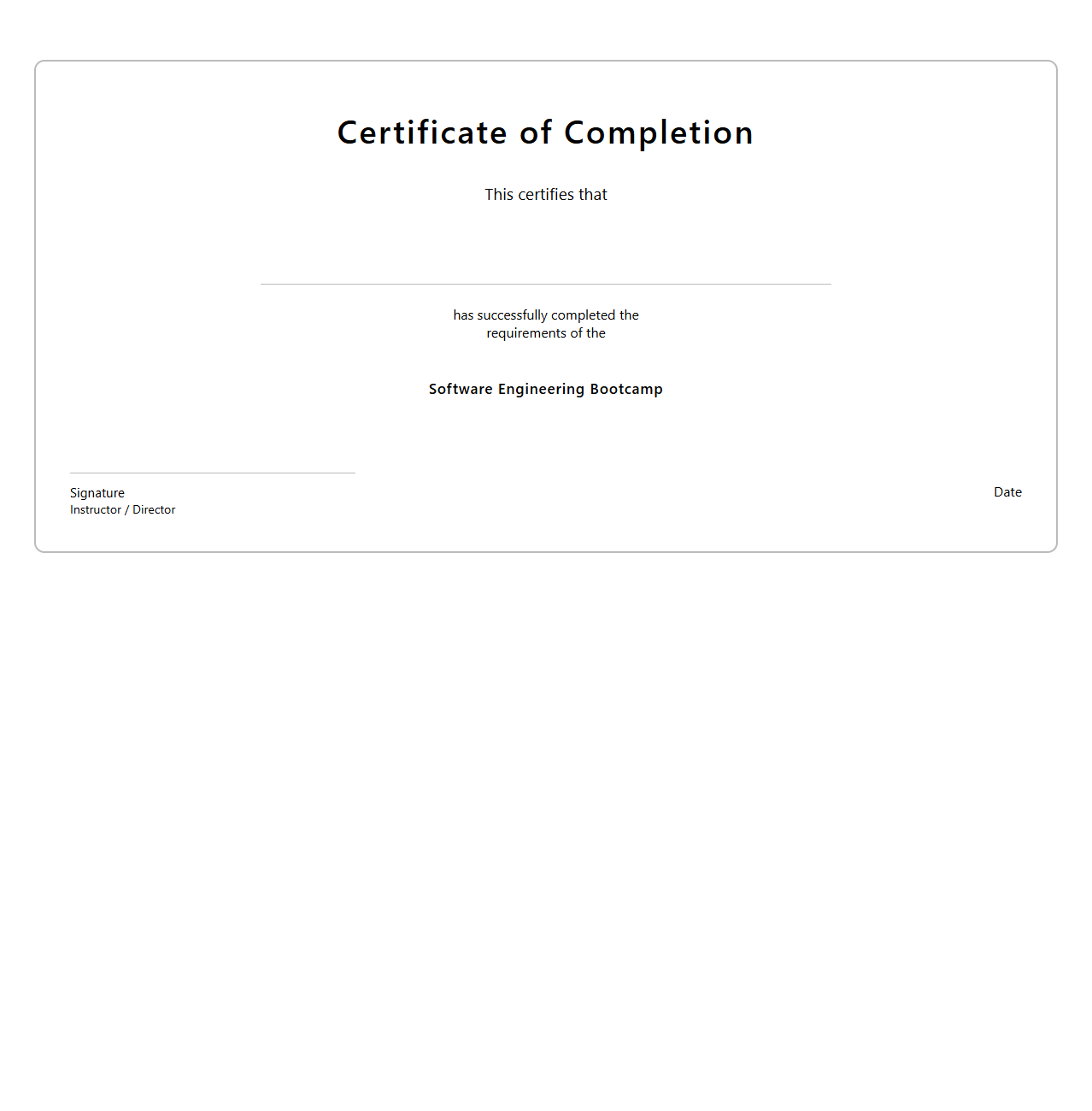 Certificate of Completion for Software Engineering Bootcamp