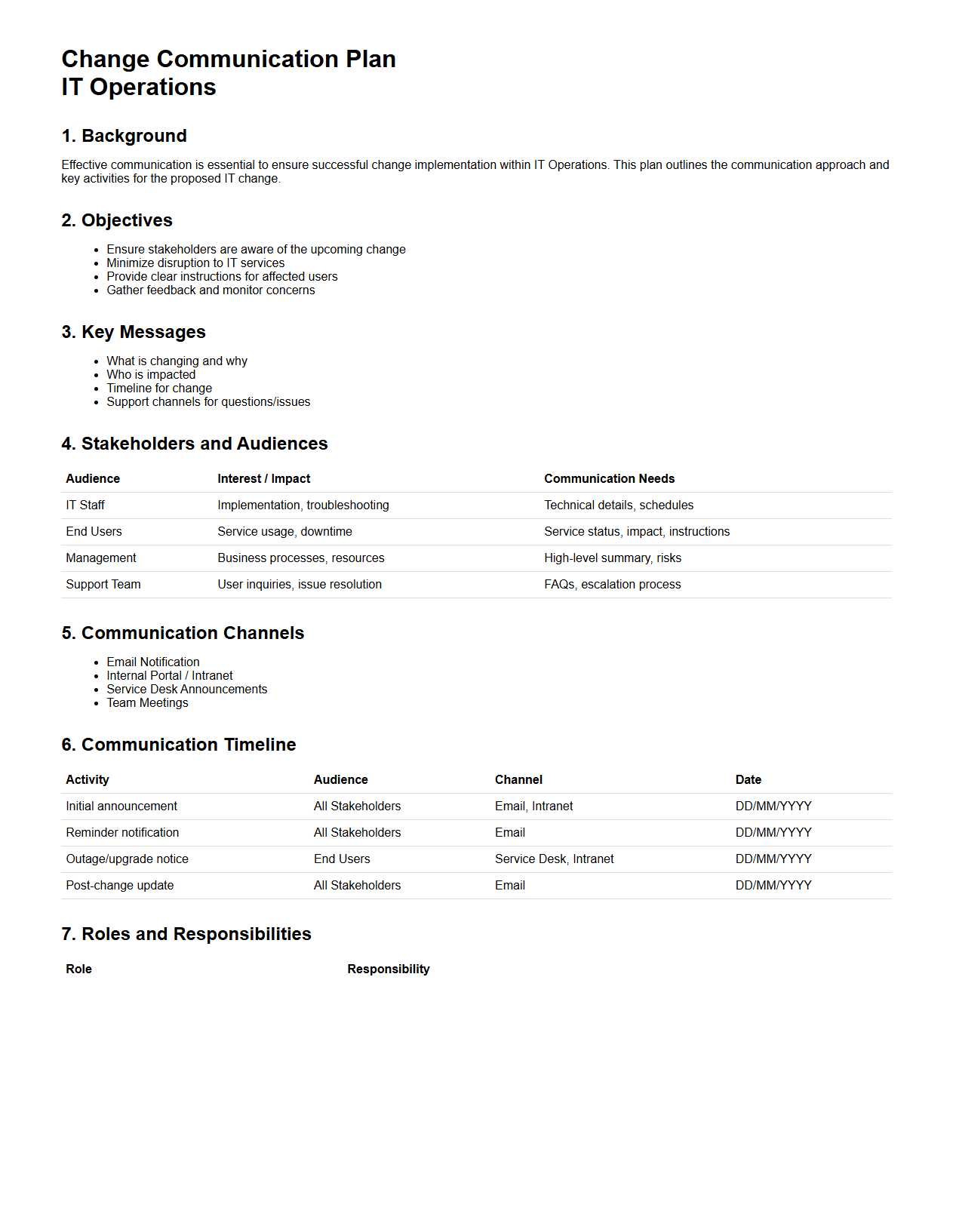 Change Communication Plan for IT Operations
