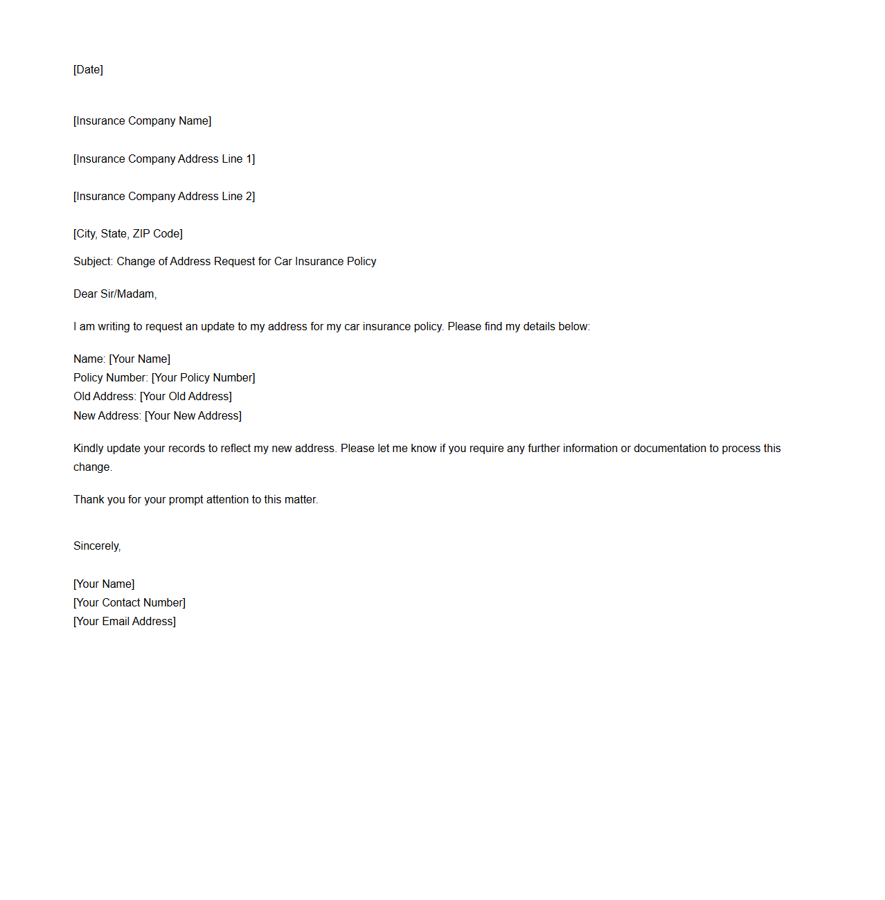 Change of Address Request Letter for Car Insurance Policy