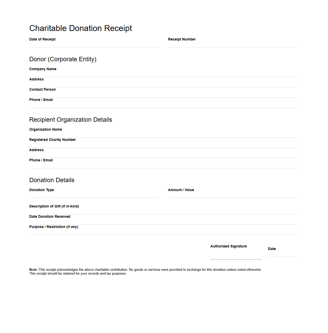 Charitable Donation Receipt Template for Corporate Donors