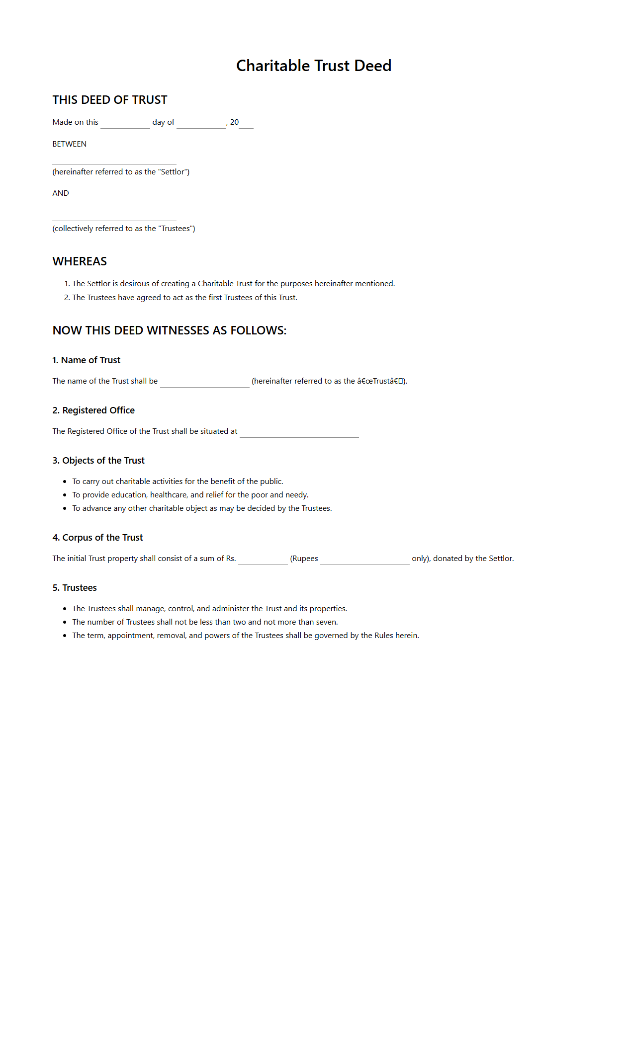 Charitable Trust Deed Template