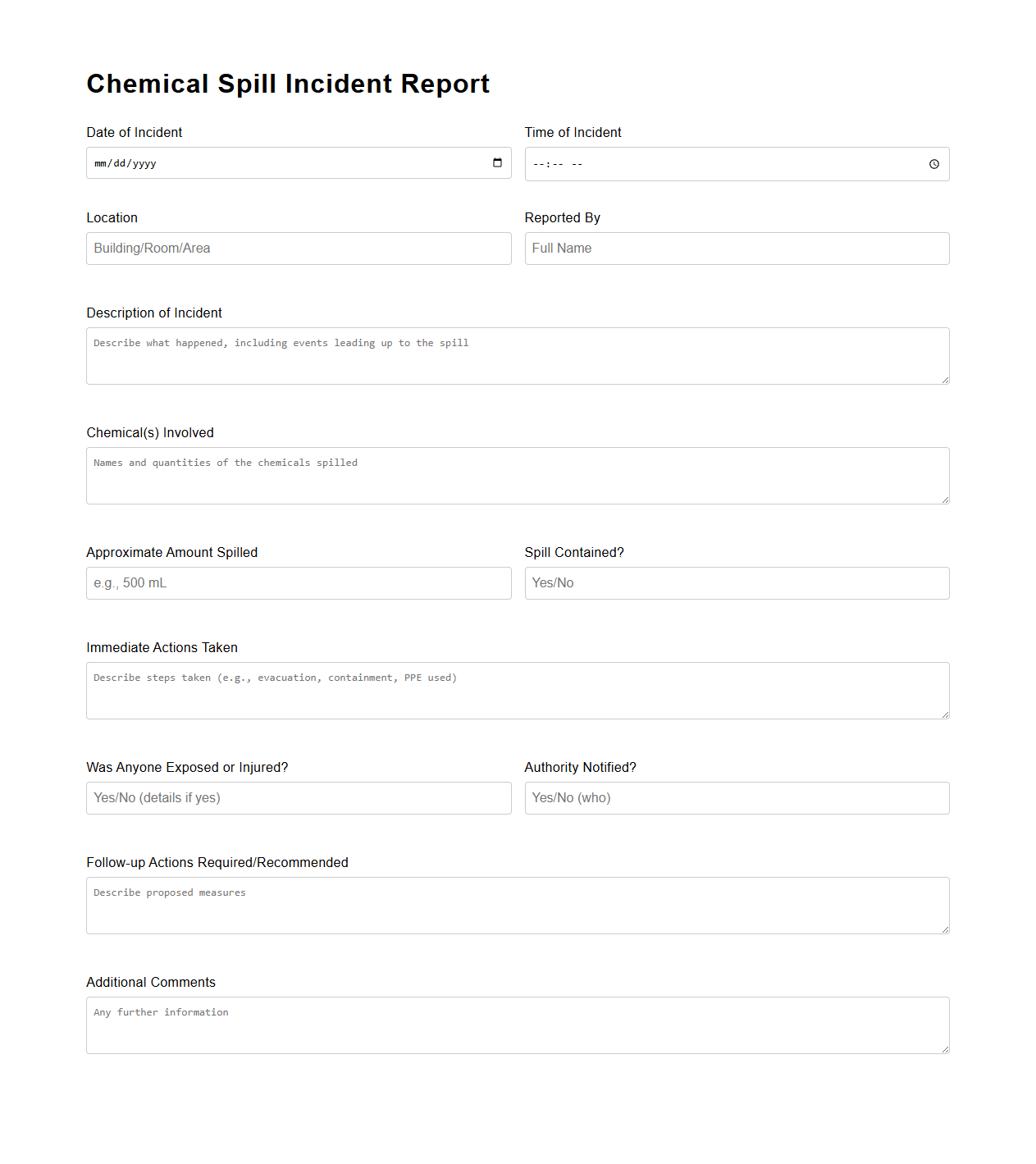 Chemical Spill Incident Report