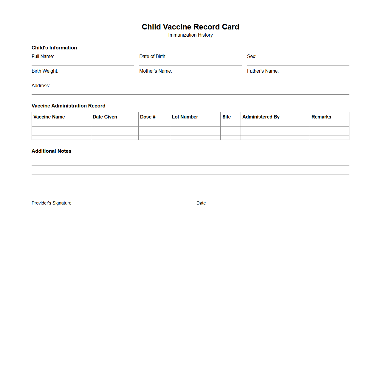 Child Vaccine Record Card Format
