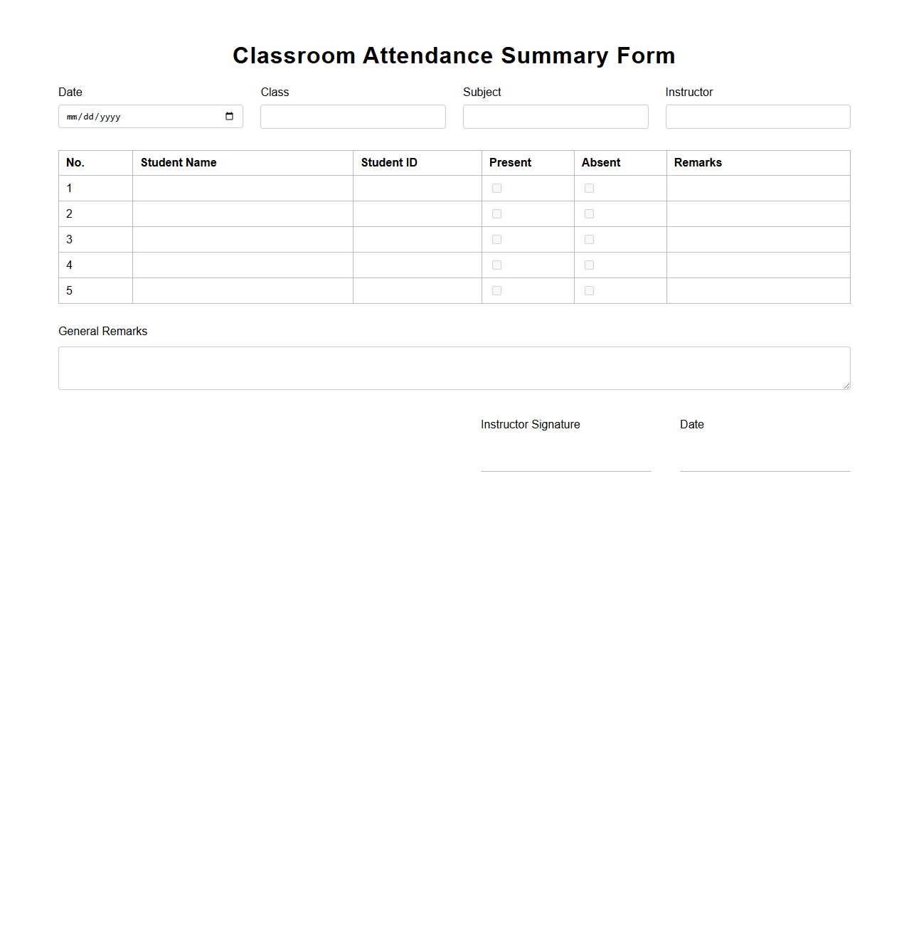 Classroom Attendance Summary Form