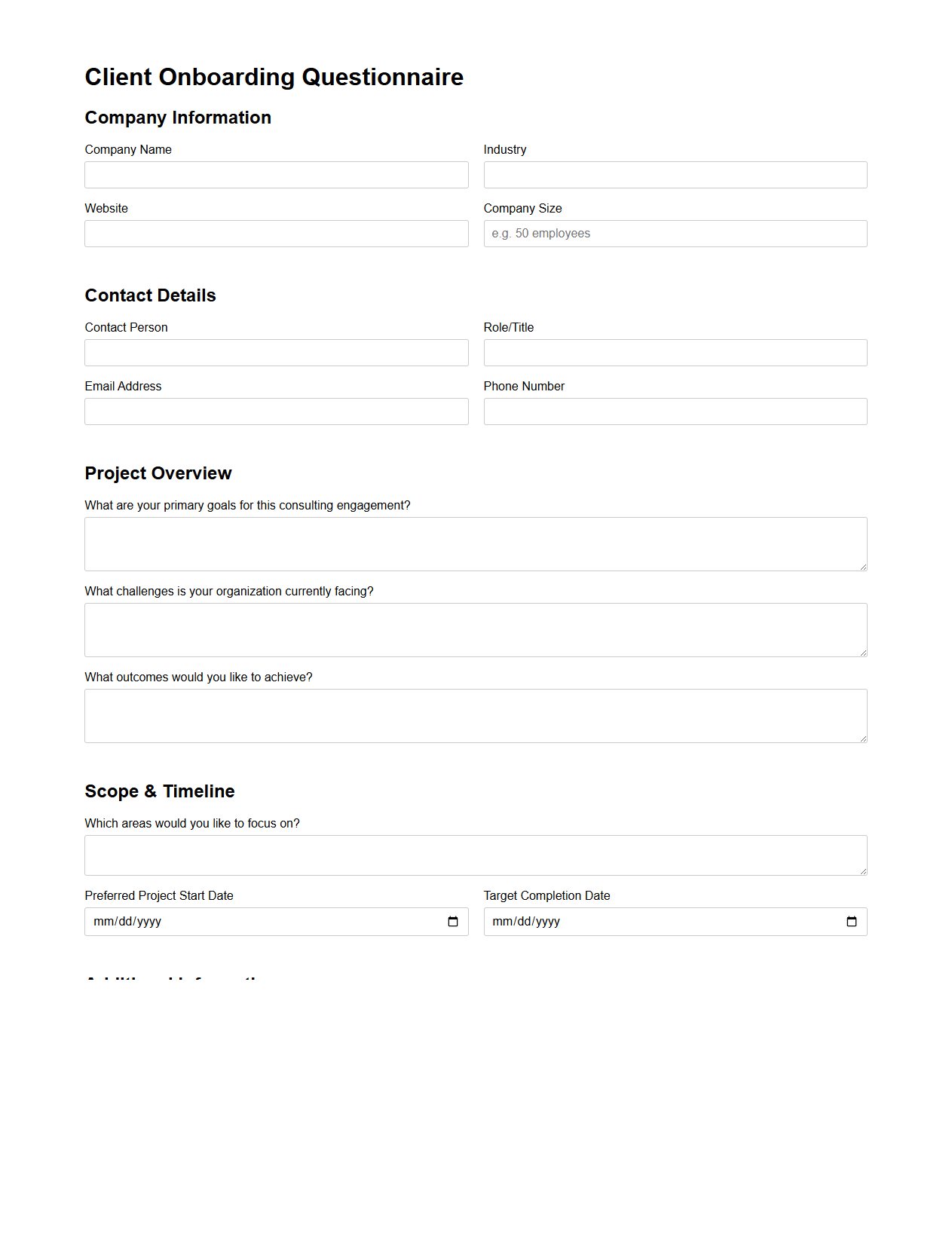 Client Onboarding Questionnaire Template for Consulting