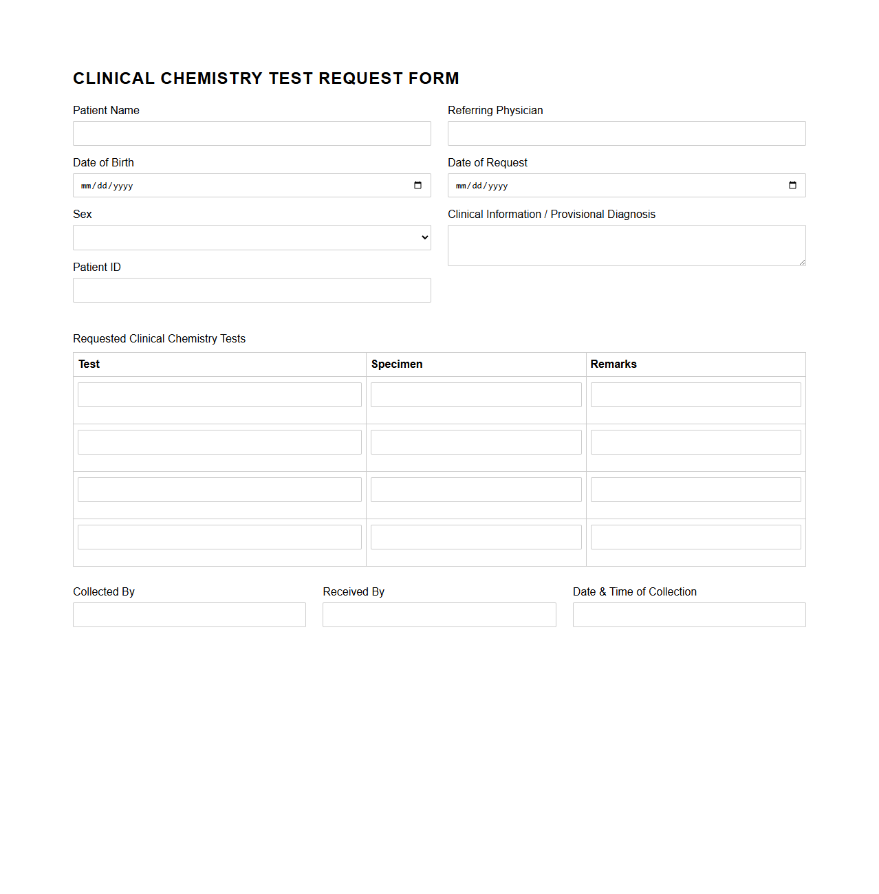 Clinical Chemistry Test Request Form