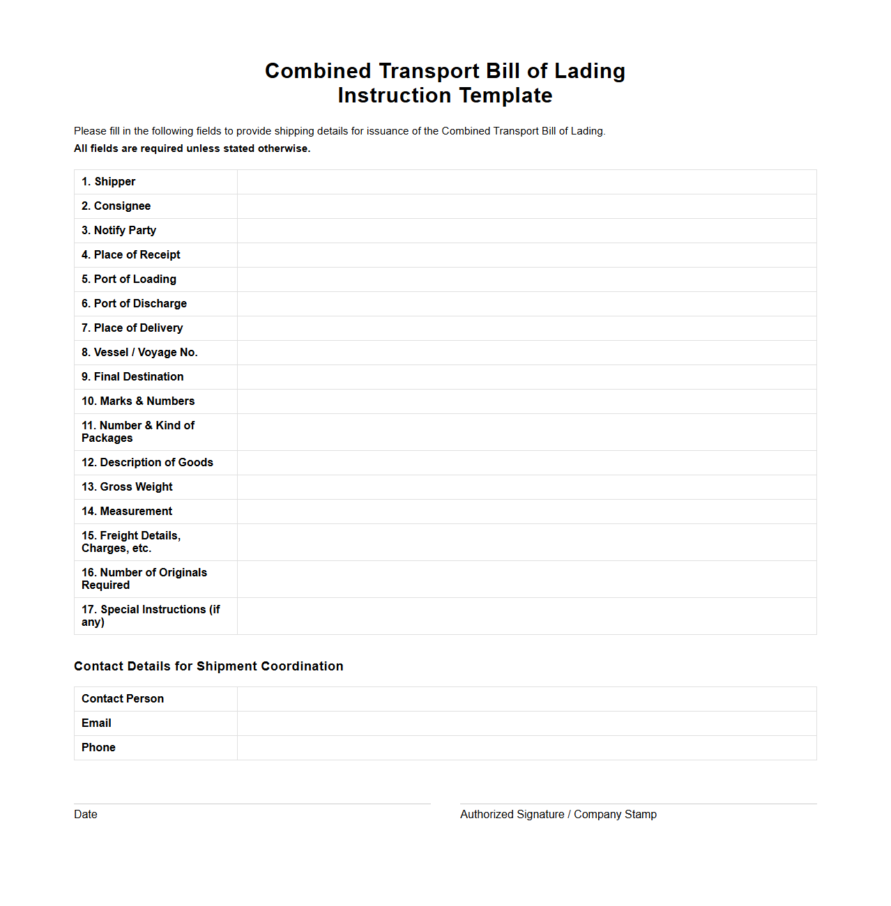 Combined Transport Bill of Lading Instruction Template