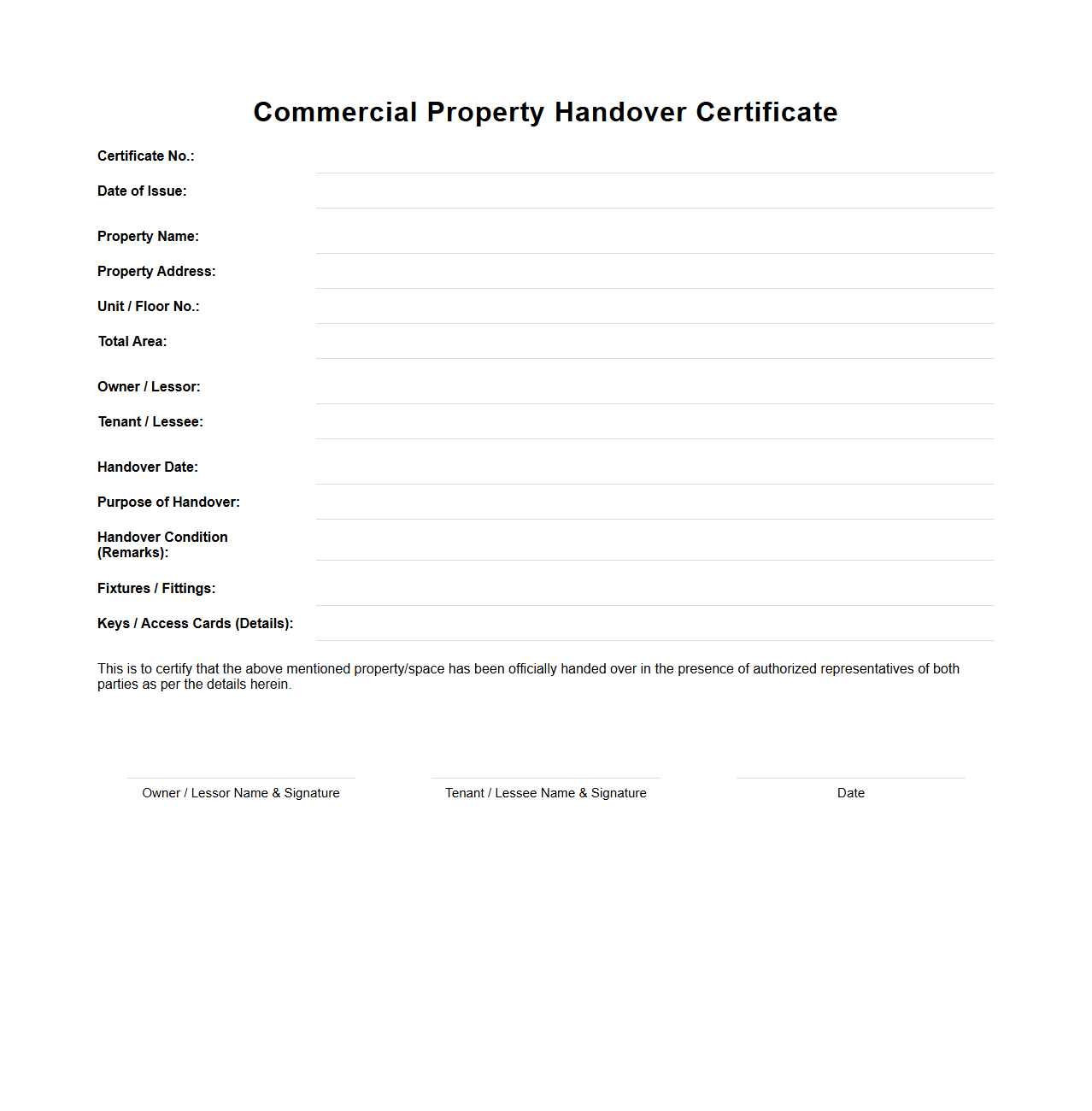 Commercial Property Handover Certificate Format