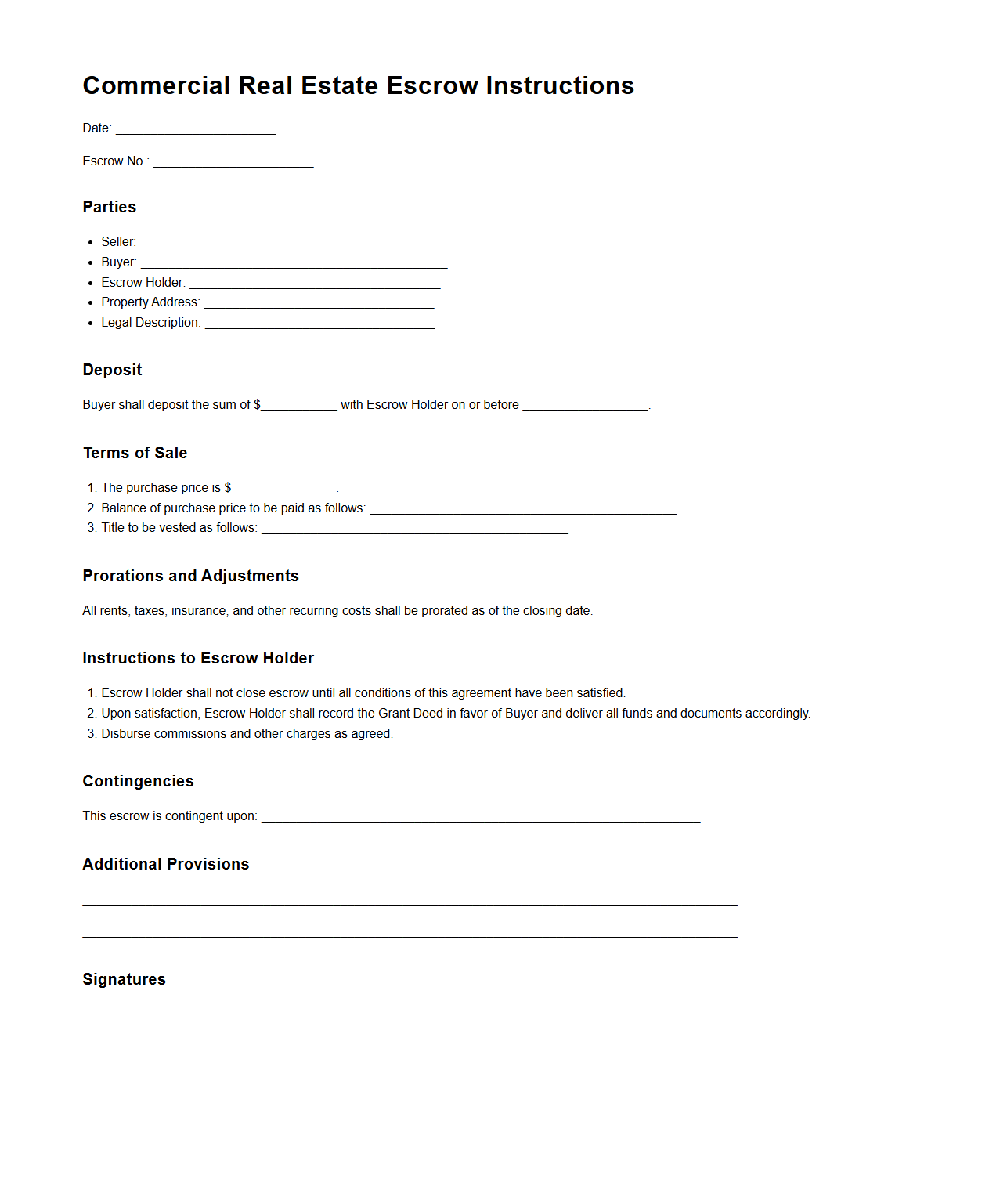 Commercial Real Estate Escrow Instructions Template
