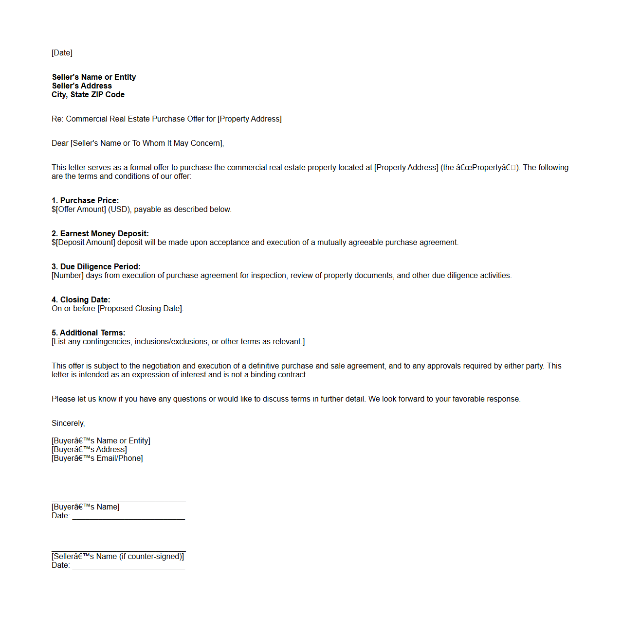 Commercial Real Estate Purchase Offer Letter Example