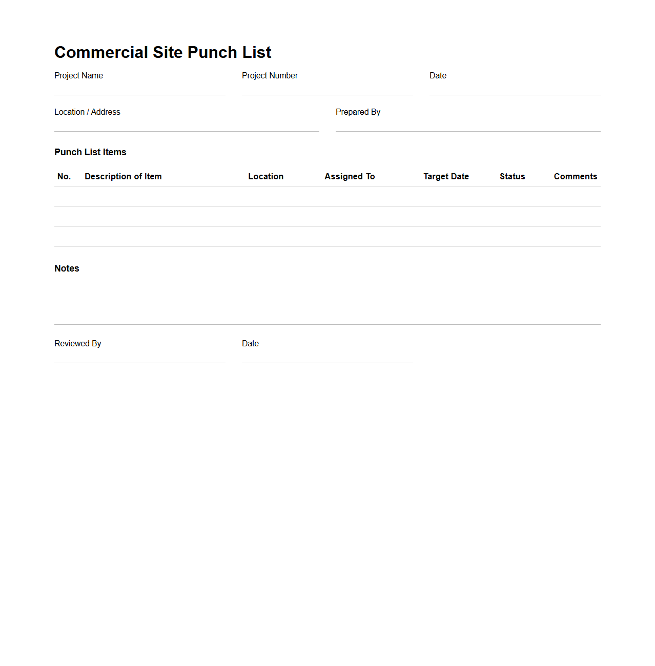 Commercial Site Punch List Document
